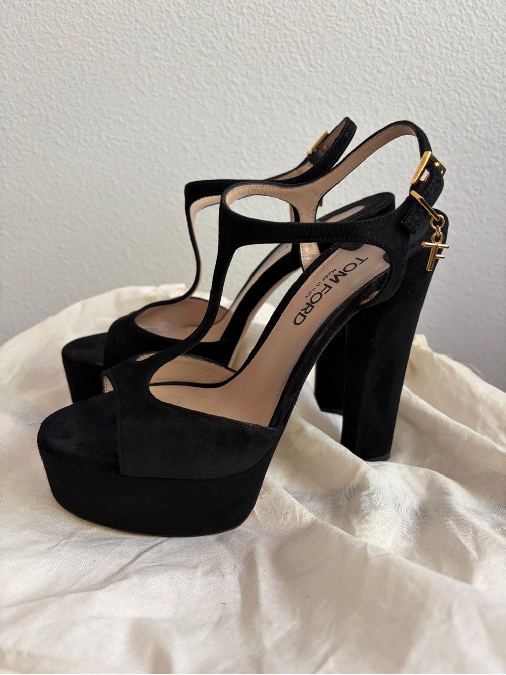Tom Ford Black Suede Platform T-Strap High Heel Sandals